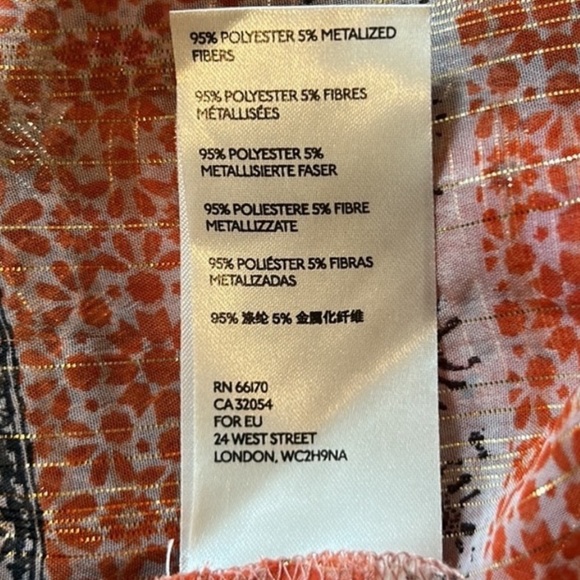 Free People VNeck Long Balloon Sleeve Blouse Printed metallic gold detail Small - Picture 9 of 9